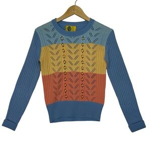 Vintage BEEWEAR Multi Stripe Blue Pink Yellow Knit Sweater Size XS